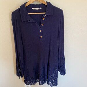 Cotton & Linen Soft Surroundings Tunic Womens XL Blue Lace Cuffs Crinkle Blouse